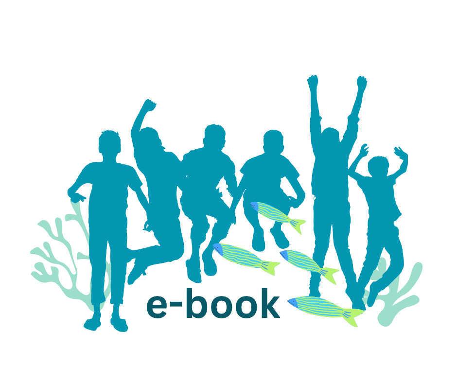 silhouettes bleu-vert de six enfants sautant joyeusement au-dessus du mot « e-book », avec poissons stylisés et coraux en arrière-plan
